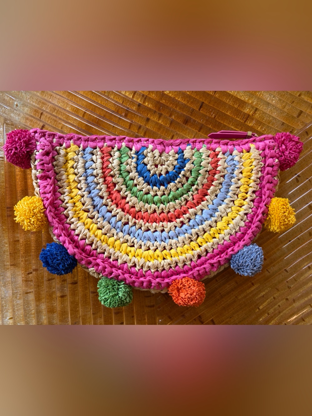 NEW Boden Multicolor Rainbow Woven Straw Colorful Zip Top Clutch PomPoms